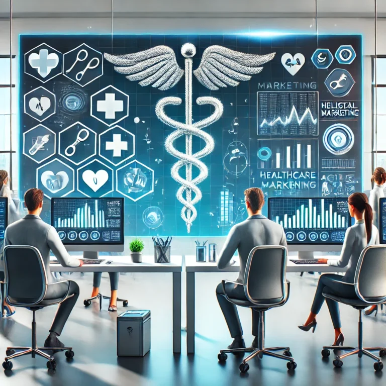 Illustration of a modern medical marketing agency office with a digital team working on healthcare campaigns, featuring analytics, healthcare ads, and medical symbols like stethoscopes and caduceus.